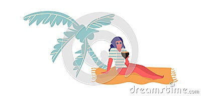 People at beach. Cartoon woman lie on sand under palm tree. Female in swimwear and sunglasses hold tropical cocktail Vector Illustration