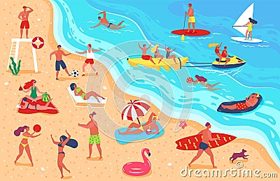 People at beach. Man and woman having fun and relaxing on beach. Friends playing sports, sunbathing, swimming. Summer Vector Illustration