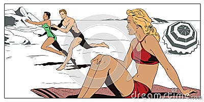 People on beach. People in retro style. Vector Illustration