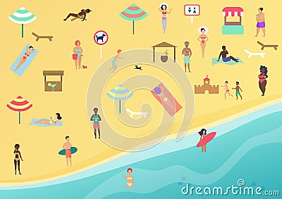 People at beach performing leisure and relaxing. Sunbathing, talking, surfing and swimming in sea or ocean. Beach top Vector Illustration