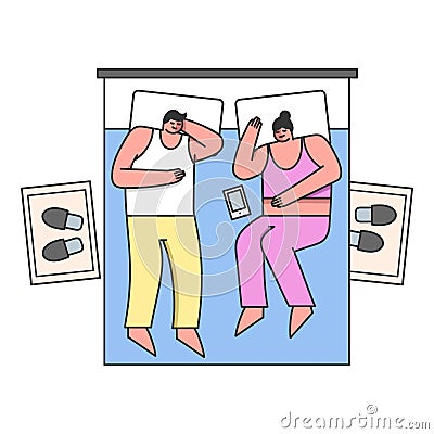 People Bedtime Concept. Married Couple Sleep On Comfortable Double Bed At Home Or In Hotel Vector Illustration