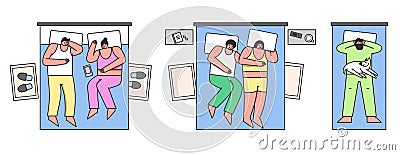 People Bedtime Concept. Men And Women Sleep On The Bed At Home Or In Hotel. Characters Have Healthy Dream Vector Illustration