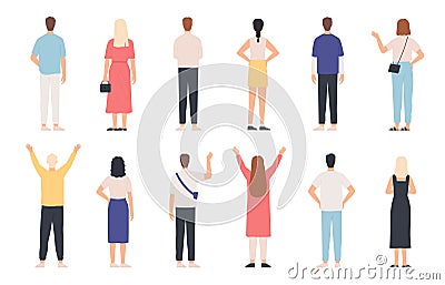 People from behind. Adult man and woman back view standing poses. Happy person with hands up and waving. Rear human in Vector Illustration