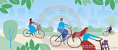 People on bike riding in the park, template with copy space, flat vector illustration with cyclist and leaves Cartoon Illustration