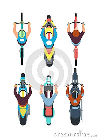 People on bike top view. Persons ride motorcycle, scooter and bicycle in overhead view. Vector set Vector Illustration
