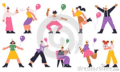 People birthday party holiday celebrating, dancing, having fun. Festive characters with gifts, balloons, champagne, cake Vector Illustration