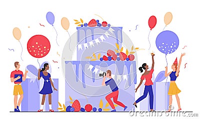 People in birthday party vector illustration, cartoon tiny flat man woman characters have fun together, happy friends Vector Illustration