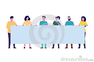 People with blank banner. Different characters set. Vector Illustration