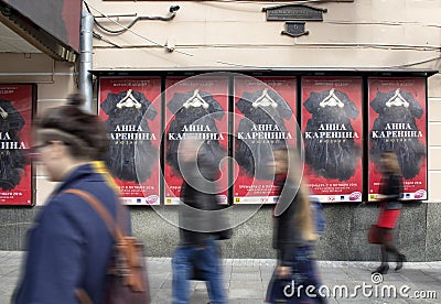 People in blurry motion passes in front of Moscow Operetta / Opera building. Editorial Stock Photo