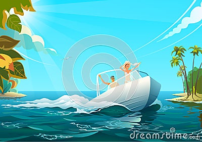 People on boat in ocean, vector illustration of man and woman riding a boat at shore in ocean in sunny day. Vector Illustration