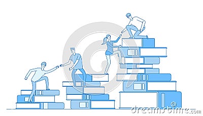 People book pile. Students climbing books business success education level staff skill development learning material Vector Illustration