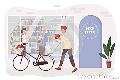 People in book store, reader student walking next to front of bookstore building Vector Illustration