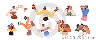 People with books set. Happy men, women characters read, study with paper literature. Smart readers, students. Education Cartoon Illustration