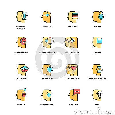 People brain thinking, mental health outline icons with flat elements Vector Illustration