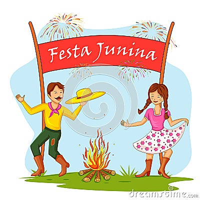 People of Brazil celebrating Festa Junina annual Brazilian festival Vector Illustration