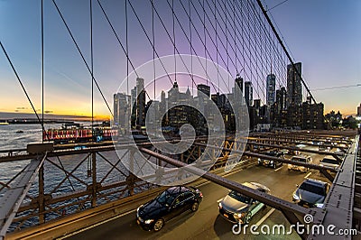 Brooklyn Bridge at blue hour, Manhattan, New York City Editorial Stock Photo