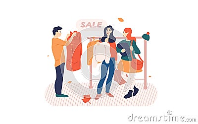 People browsing clothes on a rack in store. Vector Illustration