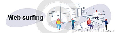 People browsing online website page web surfing concept businesspeople team using computer browser inernet application Vector Illustration