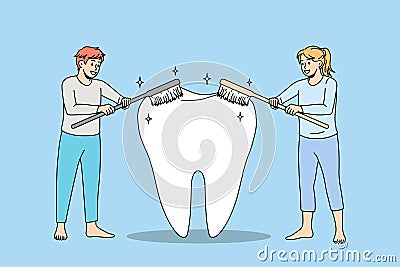 People brush huge tooth with toothbrushes Vector Illustration