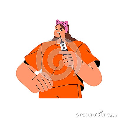 People brush teeth. Teenager girl in headband cleaning tooth with electric toothbrush. Morning water treatments, healthy Vector Illustration