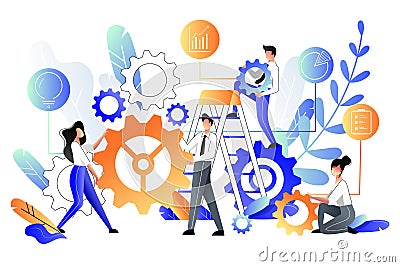 People build construction from gear cogs, business metaphor. Vector illustration. Teamwork and partnership concept Vector Illustration