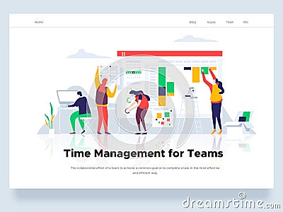 People build a dashboard and interact with graphs. Time management and office situations. Landing page template. Vector Vector Illustration