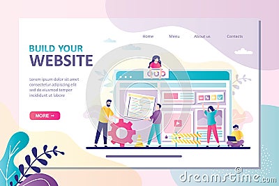 People builds website. Concept of teamwork, web design and development. Team of web developers constructs personal user account or Vector Illustration