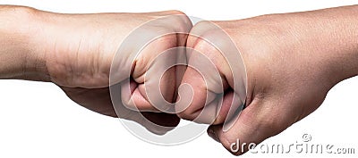 People bumping their fists together, arms. Friendly handshake, friends greeting. Man giving fist bump. Team concept Stock Photo