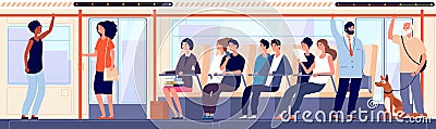 People in bus. Modern public urban transport inside, sitting student and female businessman. Crowd moving to destination Vector Illustration