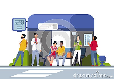 People on bus stop. Cartoon characters in queue waiting for public transport, diverse male and female characters. Vector Vector Illustration