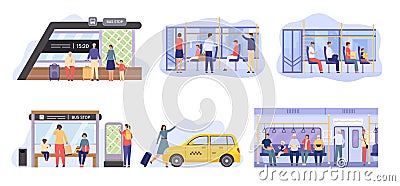 People at bus stop, crowd inside city public transport. Flat characters travel by metro train, waiting autobus or tram. Passenger Vector Illustration