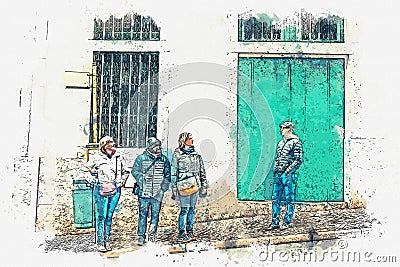 People at the bus stop waiting for transport. Ordinary city life Cartoon Illustration