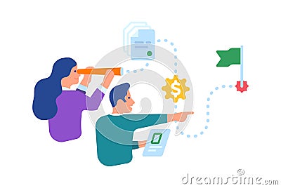 People business activities. Workers planning strategy. Man and woman searching way to achieve goal. Workflow plan Vector Illustration