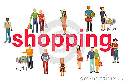 People buy with shopping bags with purchases vector illustration. Old and young couples and kids taking part in seasonal Vector Illustration