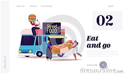 People Buy Street Food Landing Page Template. Takeaway Junk Meals from Truck. Characters with Burger and Hot Dog Vector Illustration