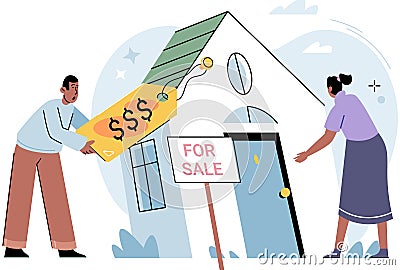 People buying apartment in new house. Man and woman choose real estate and private property Vector Illustration