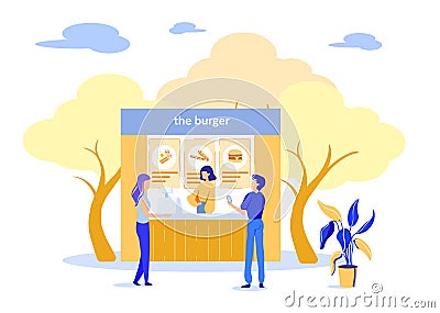 People Buying Burgers at Street Fast Food Cafe Vector Illustration