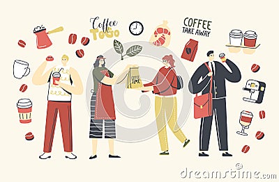 People Buying and Drinking Takeaway Coffee or Hot Drinks in Disposable Cardboard Cups. Male and Female Characters Vector Illustration