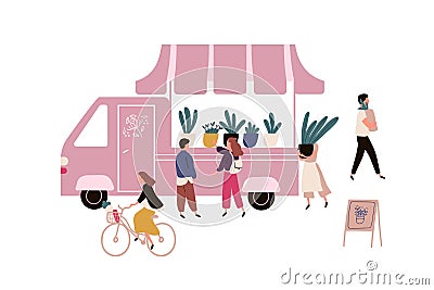 People buying plants from van kiosk vector flat illustration. Crowd of buyers at outdoors gardening market choosing Vector Illustration