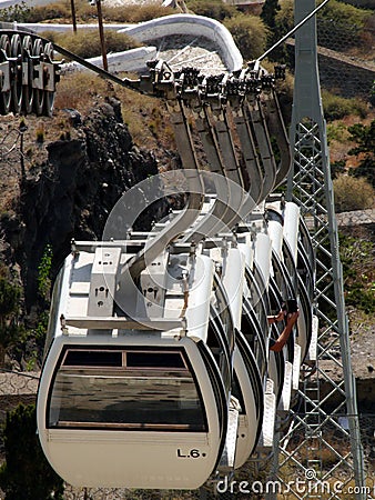 The funicular carries passengers from the city center to the old port , in Fira Santorini island ,Greece. Editorial Stock Photo