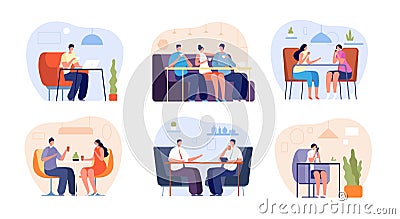 People in cafe. Person drink espresso, flat modern friend group in cafeteria. Isolated man woman meeting dating in Vector Illustration