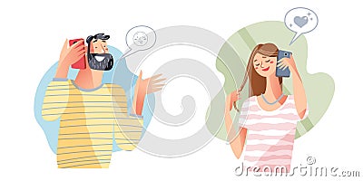 People call on mobile phone and smile set vector illustration. Cartoon freelancer man and woman character talking about Vector Illustration