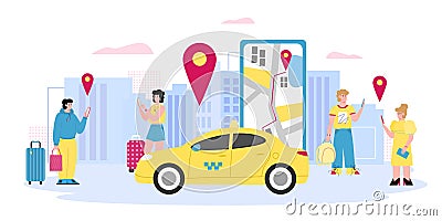 People calling taxi online using smartphone, cartoon vector illustration. Vector Illustration