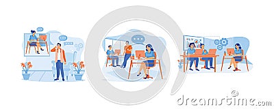 People calling to customer support service. Friendly young people working in a call center. Vector Illustration