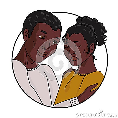 People calming each other. Black skinned man hugs his beloved woman. Vector Illustration