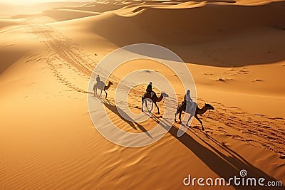 People on camels move through the desert. Beautiful desert landscape, top view Stock Photo