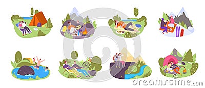 People camp resting. Family picnic or friends summer tent camping activities, mountain hiking skiing campfire singing Vector Illustration