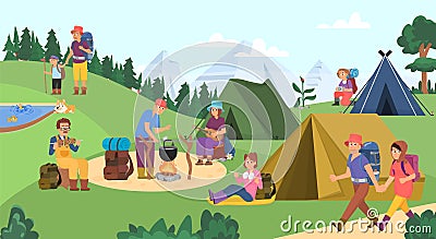 People in camping. Girl forest vacation, outdoor camp trip with backpack and tent. Adult and children rest on nature Vector Illustration