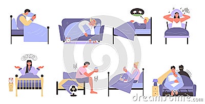 People cant sleep in bed. Sleepless characters suffering from different causes of insomnia. Count sheep to sleep vector Vector Illustration