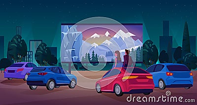 People in car cinema concept vector illustration, cartoon couple driver characters watching movie at big screen of open Vector Illustration